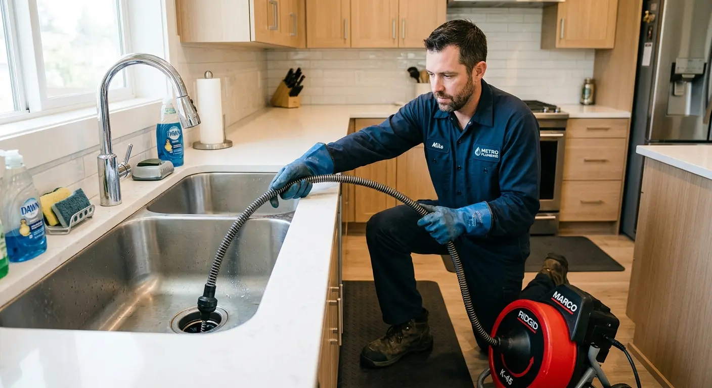 Drain cleaning technician using a motorized snake on a kitchen sink in Courtland