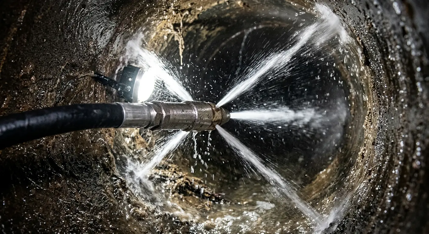 High-pressure hydro jetting nozzle cleaning sewer pipe for Emergency Drain Service in Courtland