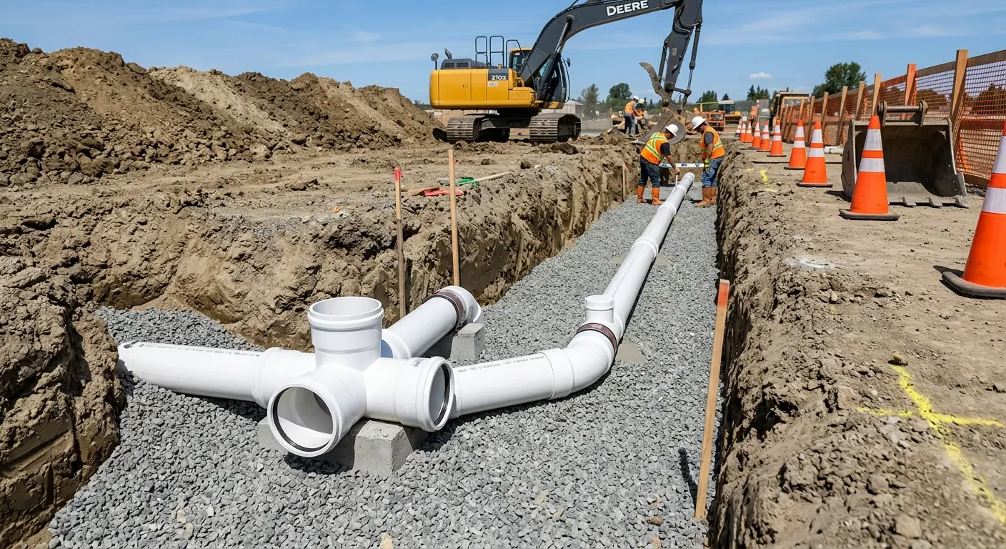 New PVC sewer pipe installation in open trench for Sewer Backup in Courtland