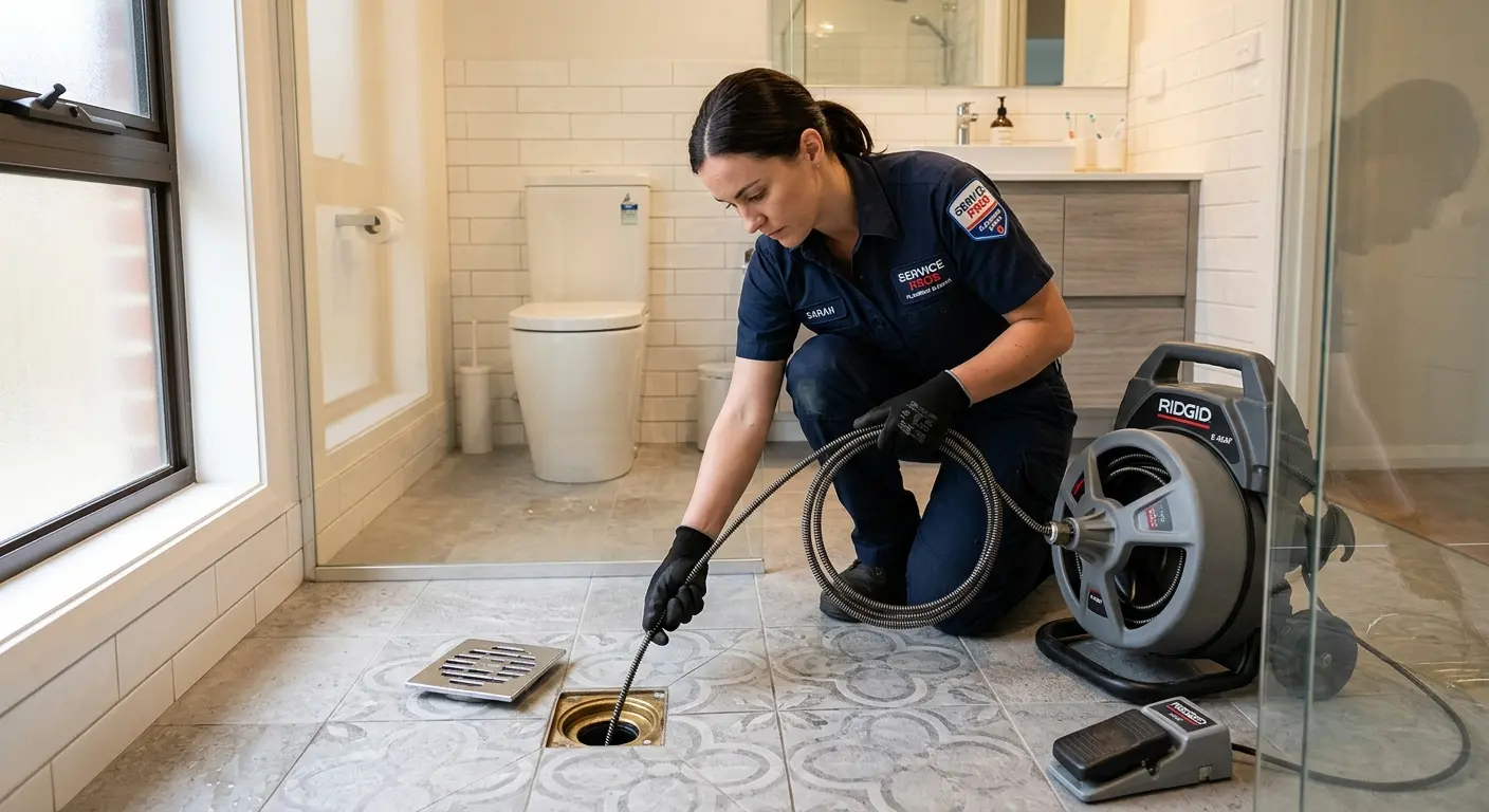 Technician clearing a bathroom floor drain for Drain Cleaning in Courtland